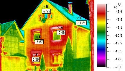 Termogramă de perete exterior neizolat, cu scală de temperatură